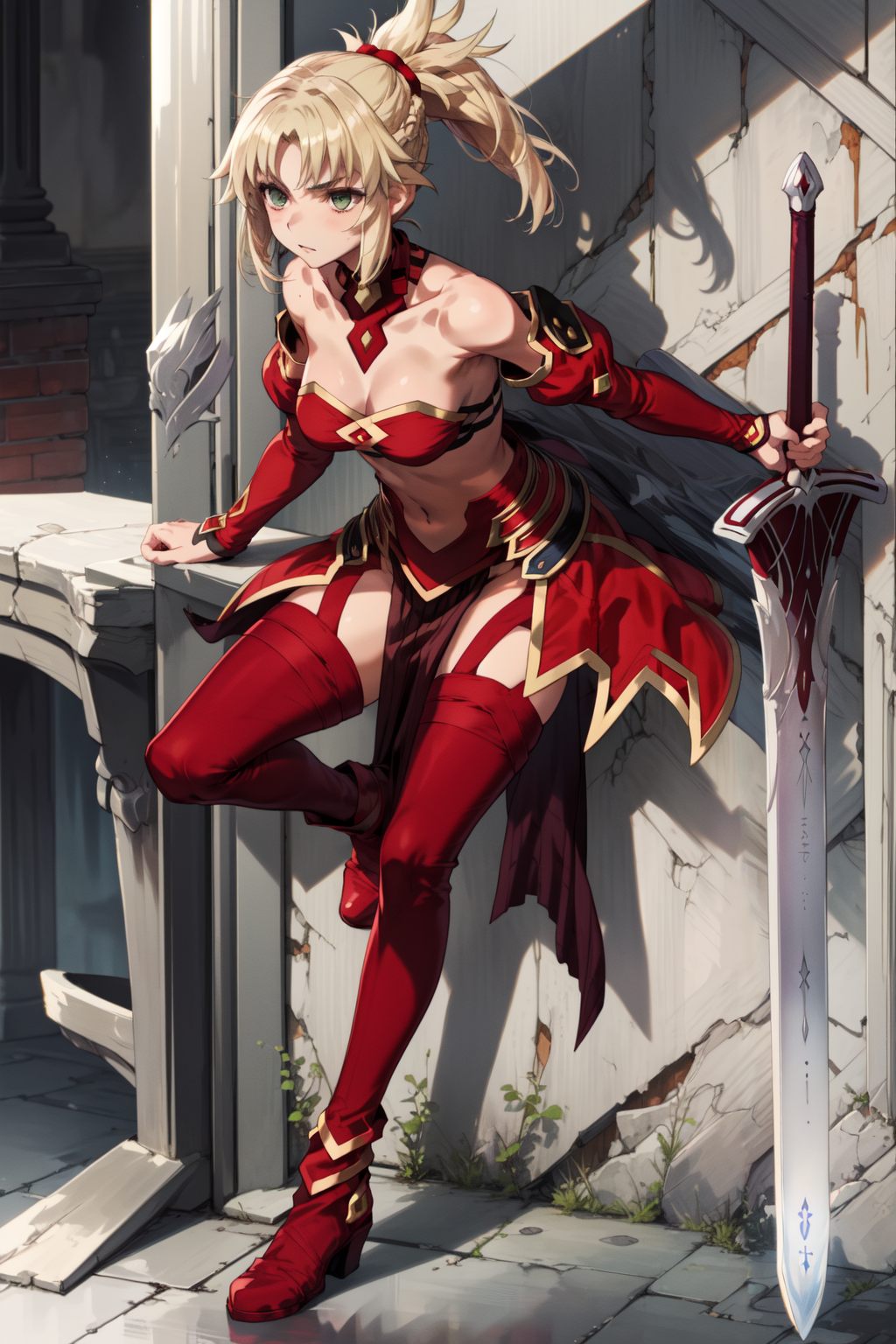 masterpiece,best quality,1girl,mordred \(fate\),Mordred_Armorless,detached sleeves,bare shoulders,bandeau,tighhighs,red sl...